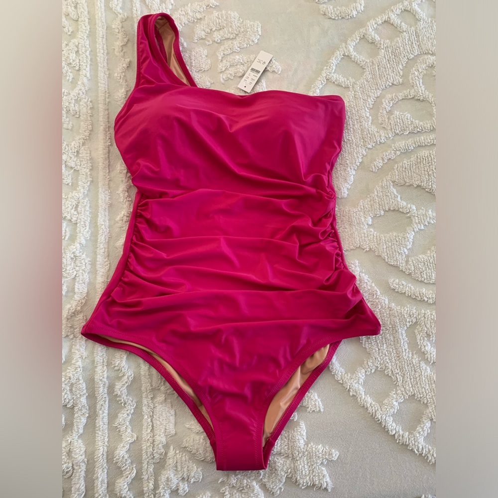 FINAL PRICE NWT J Crew Swimsuit: Pink 1-Piece, 1 Shoulder, Ruched Center, 14
